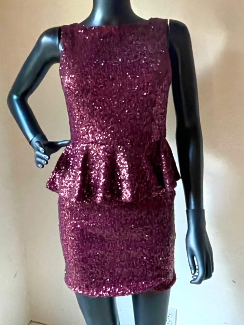 TOPSHOP Deep Red Color Sequined Mini Peplum dress SZ 2